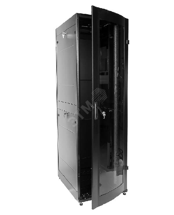 Шкаф телекоммуникационный напольный ПРОФ универсальный 42U (600х600) дверь стекло черный в сборе ШТК-МП-42.6. 6-1ААА-9005