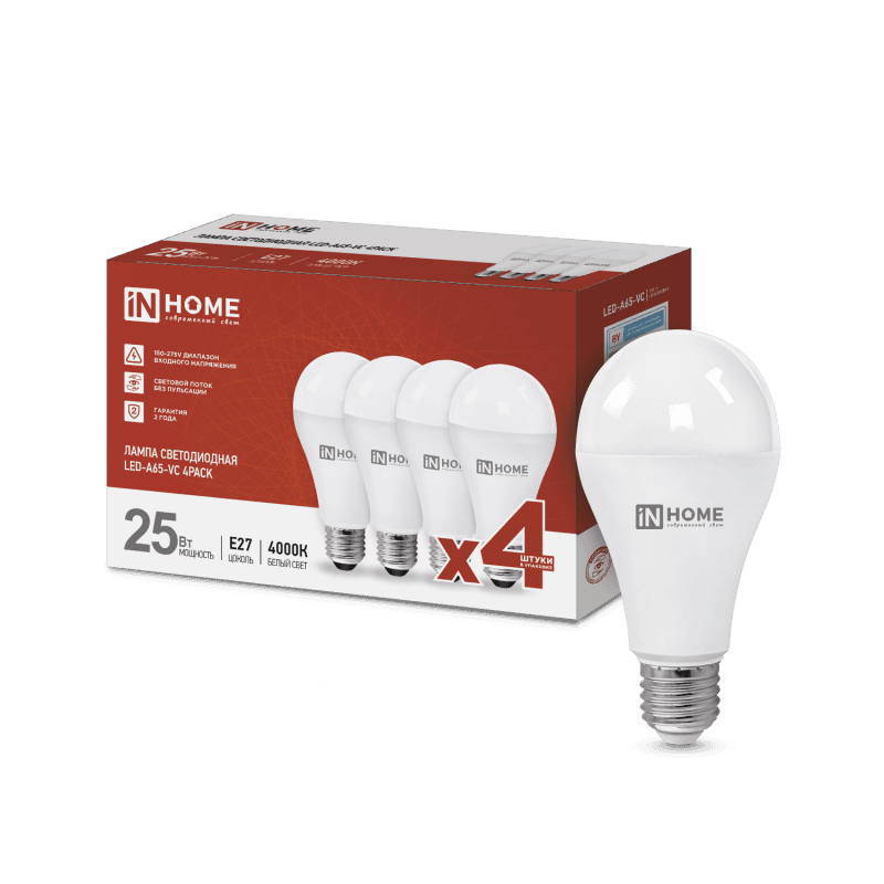 Лампа светодиодная LED-A65-VC 25Вт 230В Е27 4000К 2380Лм (4шт./упак) IN HOME