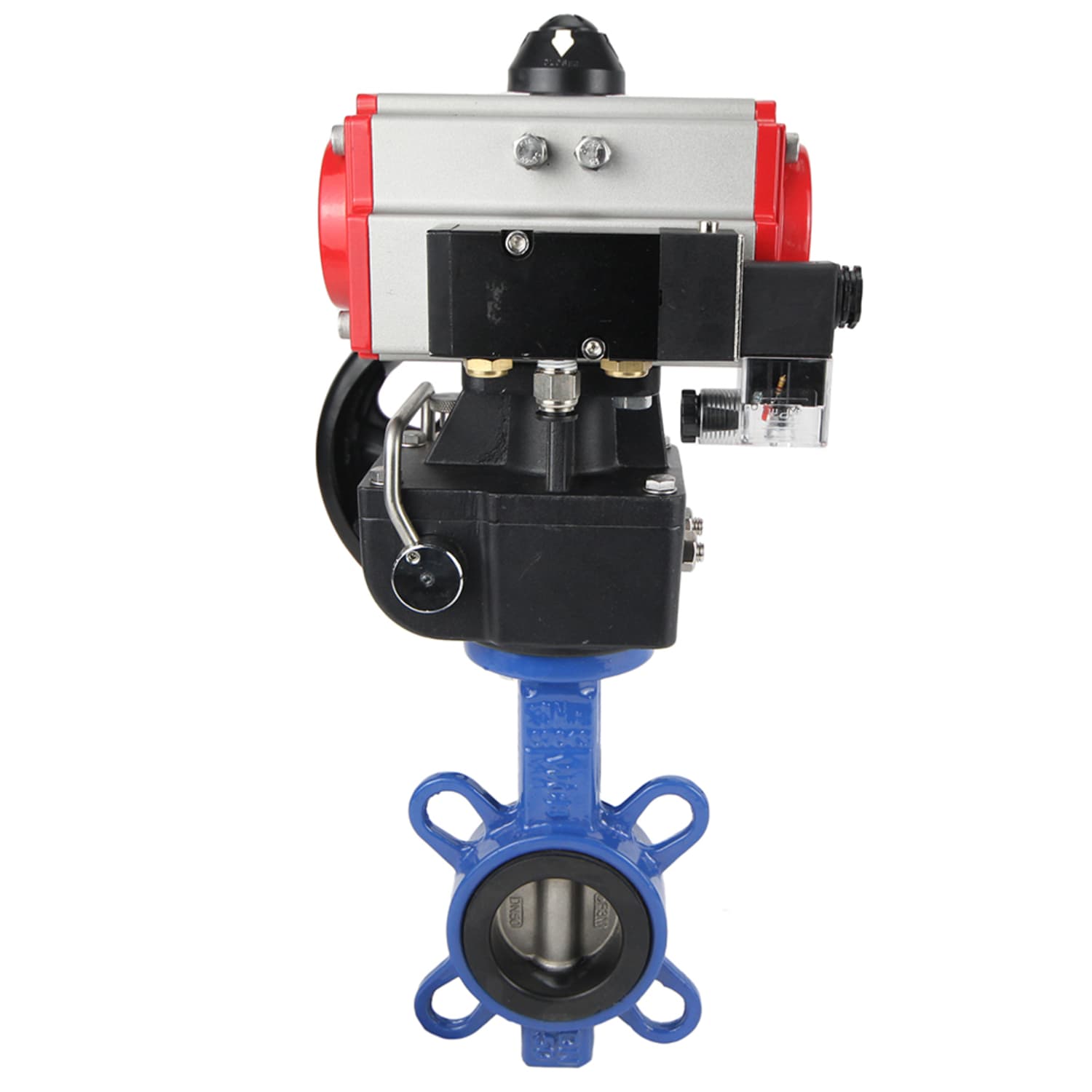 Затвор дисковый поворотный WCB-316L-VITON Ду50 Ру16, корпус углеродистая сталь WCB, диск нержавеющая сталь 316L, уплотнение Viton, с пневмоприводом DA-065, с пневмораспределителем PND2-S1EM-52-1NC-J08-220VAC, с ручным дублером HDM-1