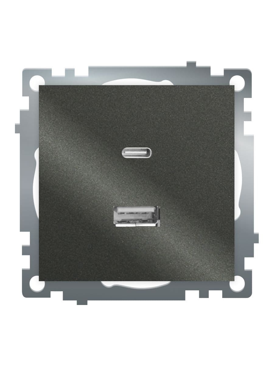 Розетка 2-местная USB+TypeC (механизм) 250В 3А max 20W серия Катрин графит STEKKER