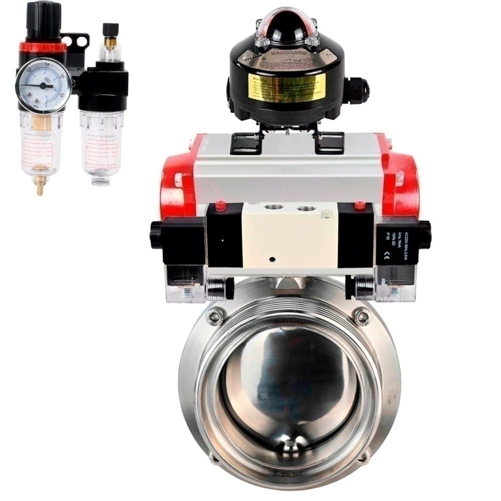 Затвор дисковый поворотный 304-304-EPDM-2W-T-H Ду25 Ру10 пищевая нержавеющая сталь 304, уплотнение EPDM, с пневмоприводом DA-065, пневмораспределителем PND1-S2EM-52-2-T10-220VAC, БКВ LSB-510-02ExM12-250 и БПВ APU1-10-40-V08