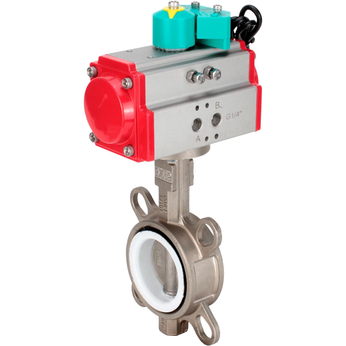 Затвор дисковый поворотный 316L-316L-PTFE Ду125 Ру16 корпус нержавеющая сталь 316L, диск нержавеющая сталь 316L, уплотнение PTFE, с пневмоприводом DA-105 и магнитным переключателем МППП-200
