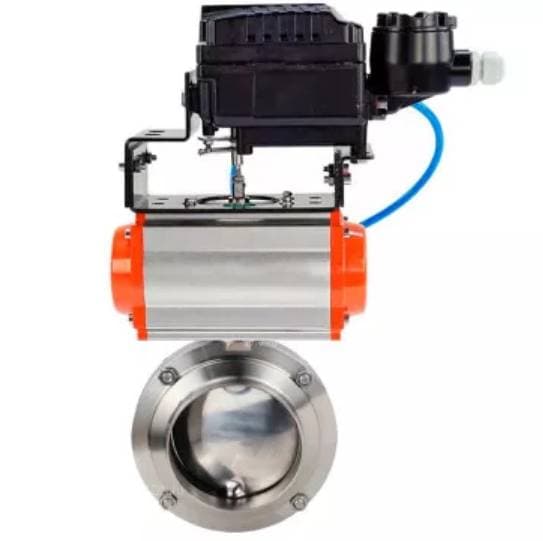 Затвор дисковый поворотный 304-304-EPDM-2W-W-H Ду32 Ру10 под приварку, пищевая нержавеющая сталь 304, уплотнение – EPDM, с пневмоприводом DA-052 и позиционером EPRP1-NU-0-08 без обратной связи