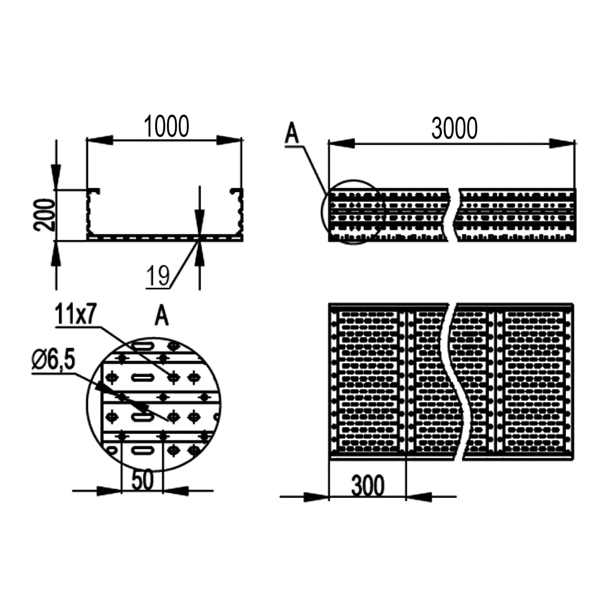 Лоток листовой 200x1000, лонжерон 1,5 мм, L 3 м