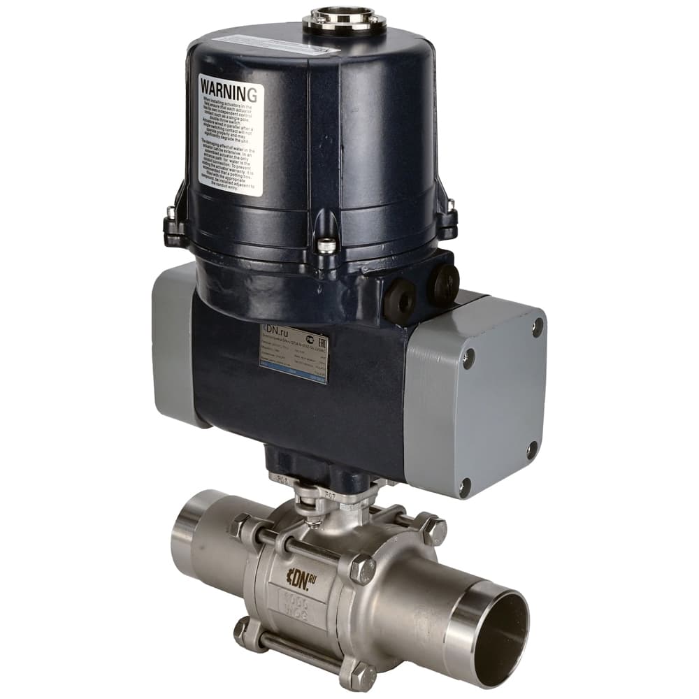 Кран шаровой 316-316-PTFE-W-ISO-H LONG Ду10 Ру63 полнопроходной, под приварку, корпус нержавеющая сталь SS316, уплотнение PTFE, четвертьоборотный электропривод ЭПВП-003 220В с пружинным возвратом