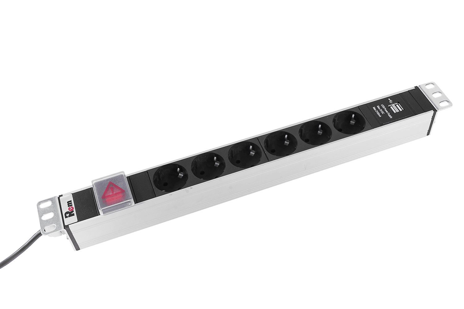 Блок розеток Rem-16 с выключателем и USB-портом, 6 Schuko, 16A, алюминиевый корпус, 19'', шнур 3 м.