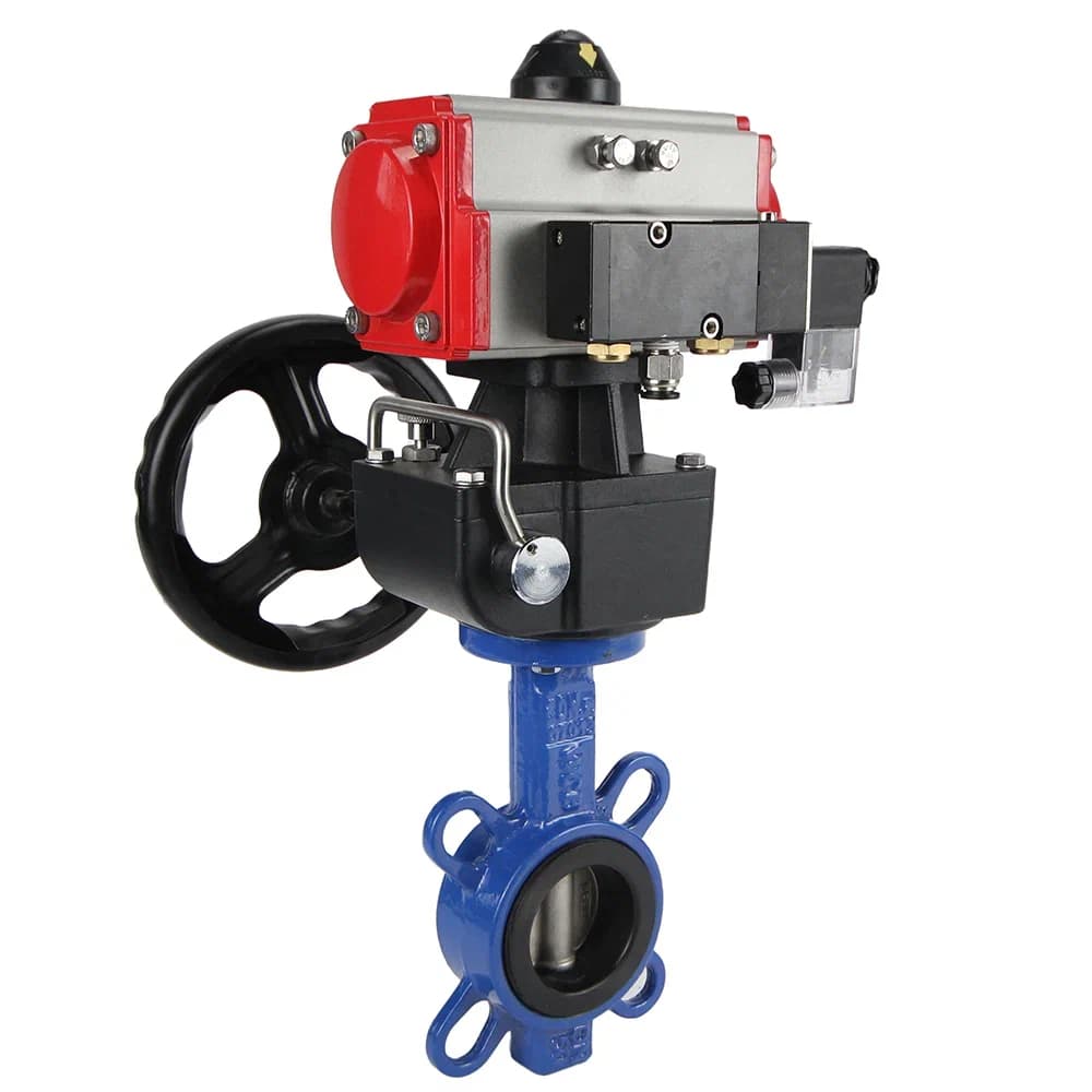 Затвор дисковый поворотный GGG50-316L-EPDM Ду150 Ру16, корпус чугун GGG50, диск нержавеющая сталь 316L, уплотнение EPDM, с пневмоприводом DA-105 двойного действия, с пневмораспределителем PND1-S2EM-52-2-T08-220VAC, с ручным дублером HDM-3