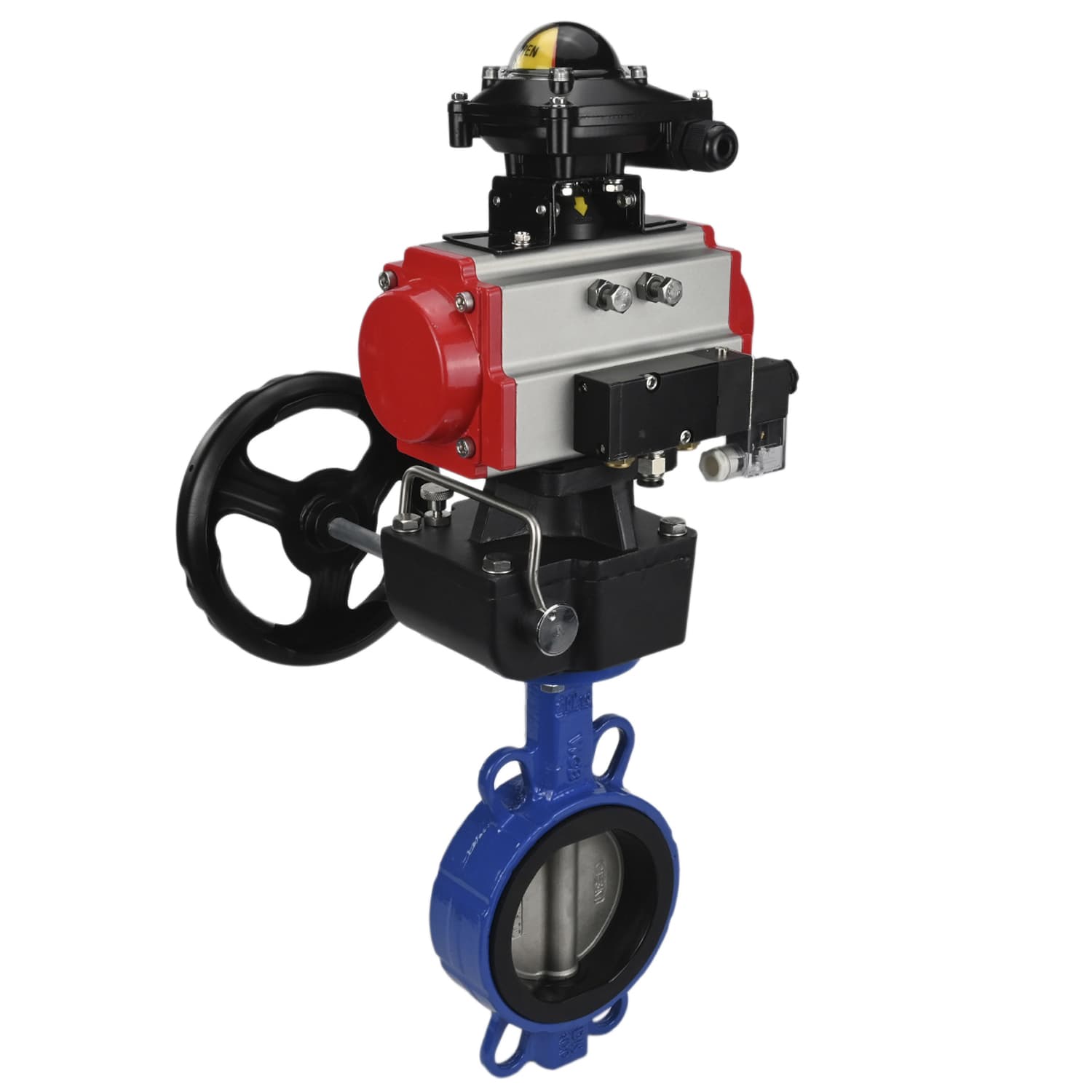 Затвор дисковый WCB-316L-EPDM Ду40/50 Ру16, корпус углеродистая сталь WCB, диск нержавеющая сталь 316L, уплотнение EPDM, пневмопривод DA-052, пневмораспределитель PND2-S1EM-52-1NC-J08-220VAC, БКВ LSB-210-02NM12-220/24, ручной дублёр HDM-1