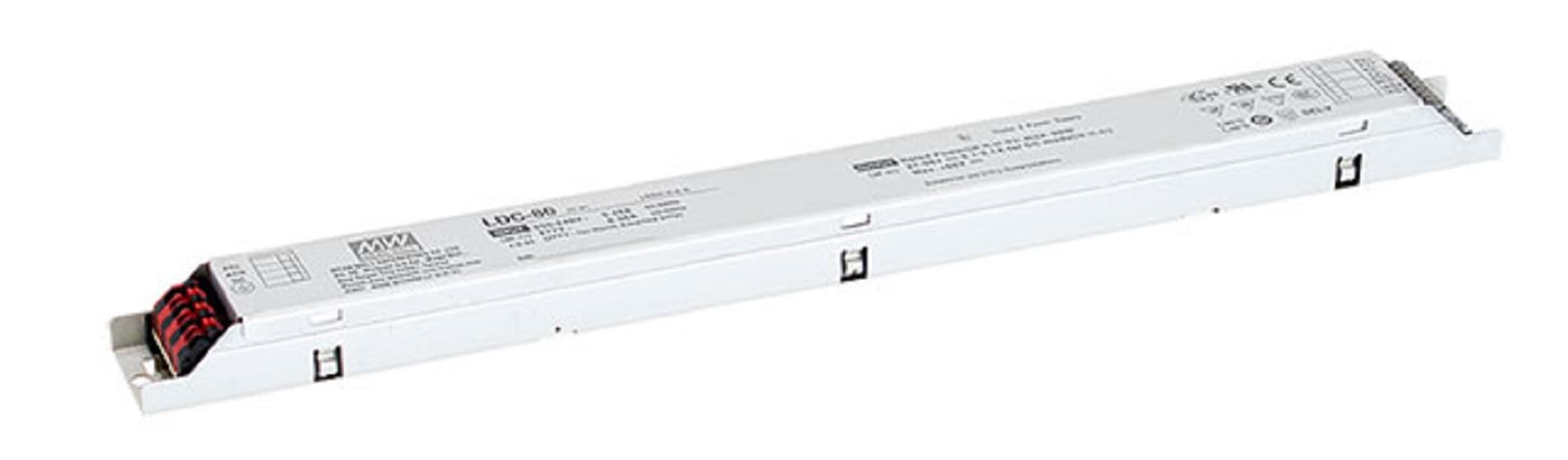 Источник питания LED, 80Вт, вход 180…295В AC, 47…63Гц254…420В DC, ККМ, выход в режиме пост. мощности 27…56В1400…2100мА, изоляция 3750В AC, в кожухе 360х30х21, -25…+85°С (корпус), димминг 3 в 1