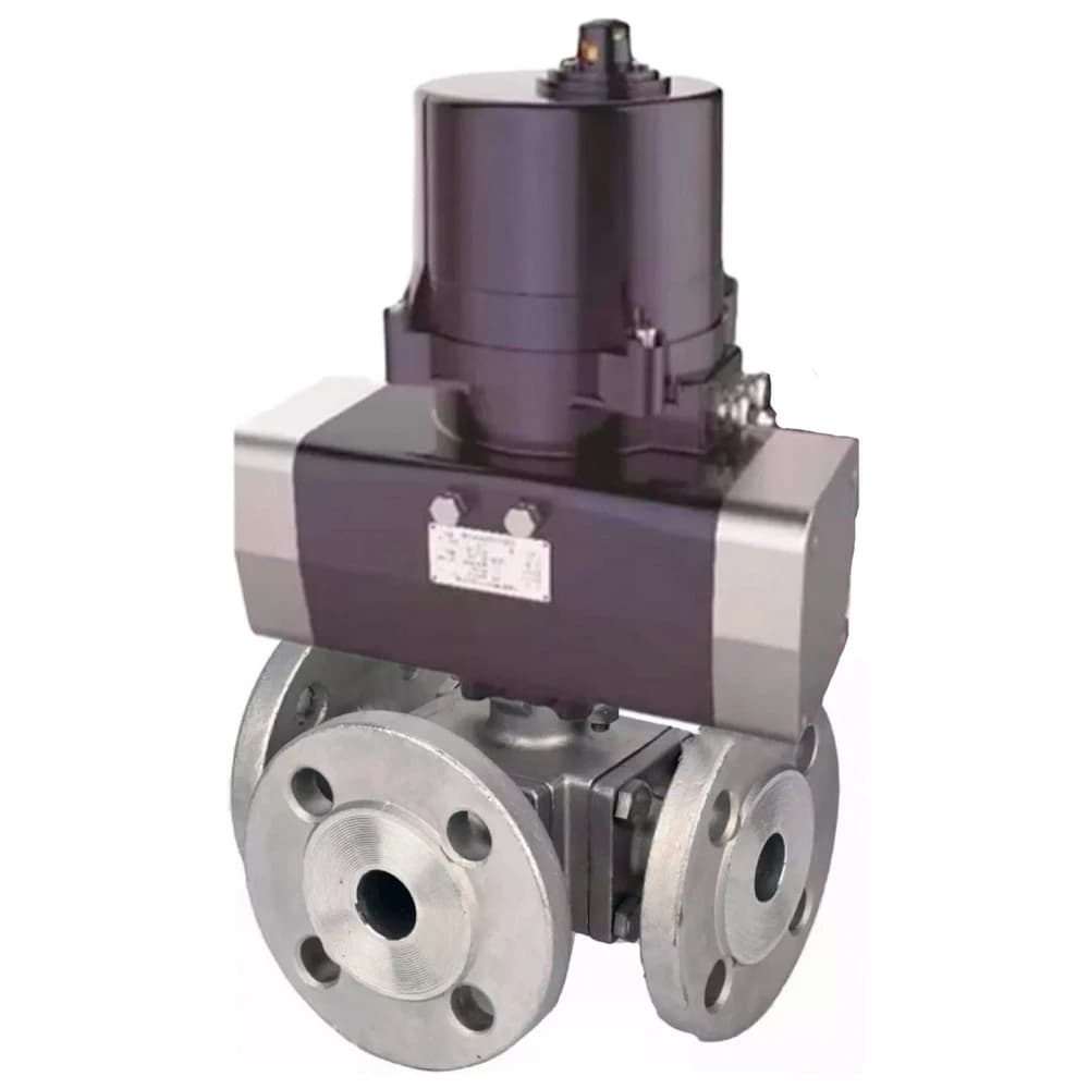 Кран шаровой 316-316-PTFE L-тип Ду32 Ру16 полнопроходной трехходовой, фланцевый, корпус нержавеющая сталь SS316, уплотнение PTFE, четвертьоборотный электропривод ЭПВП-003 220В с пружинным возвратом