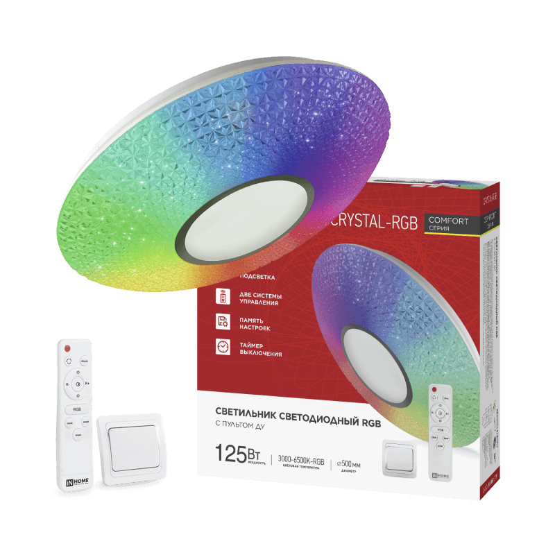 Светильник светодиодный COMFORT CRYSTAL-RGB 125Вт 230В 3000-6500K 10000Лм 500x115мм с пультом ДУ IN HOME