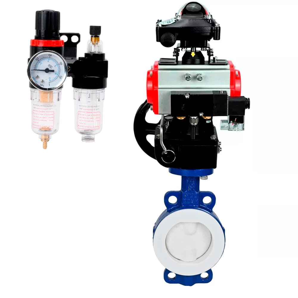 Затвор дисковый WCB-WCB-PTFE-PTFE-Fb-R Ду200 Ру16 корпус и диск углеродистая сталь, футерованный, уплотнение PTFE, пневмопривод DA-105, пневмораспределитель PND2-S1EM-52-1NC-J08-24VDC, БКВ LSB-210-02NM12-220/24, дублёр HDM-3 и БПВ APU1-10-40-V08