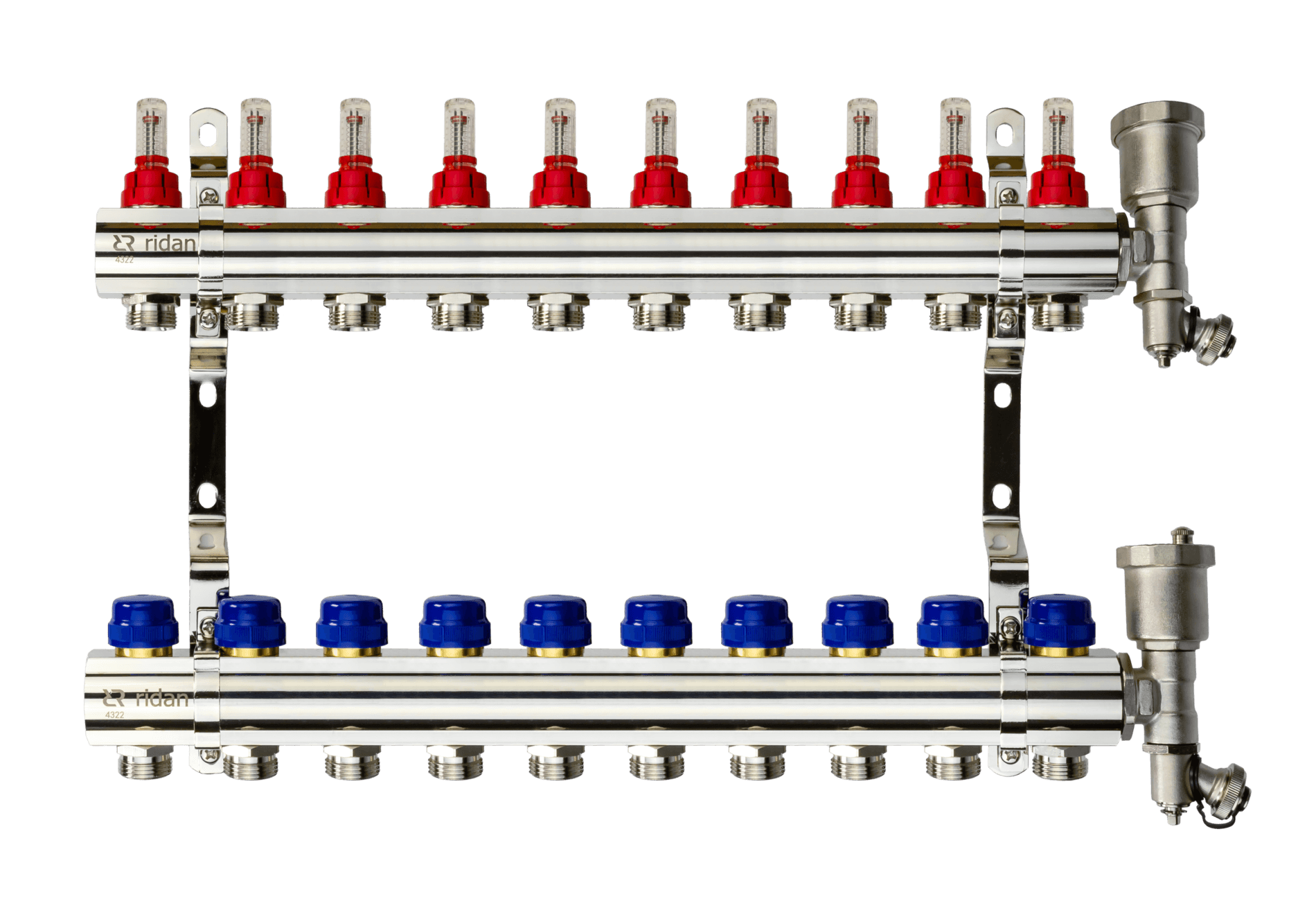 Коллекторная группа FHF-10RF set 10 контуров 1'x3/4' с расходомерами, воздухоотводчиками и кронштейнами