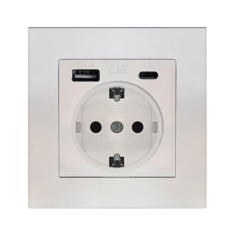 Розетка скрытой установки, с заземлением, с USB Type-A 2.4А+ Type-C 4A серия Афина , 220В, жемчуг