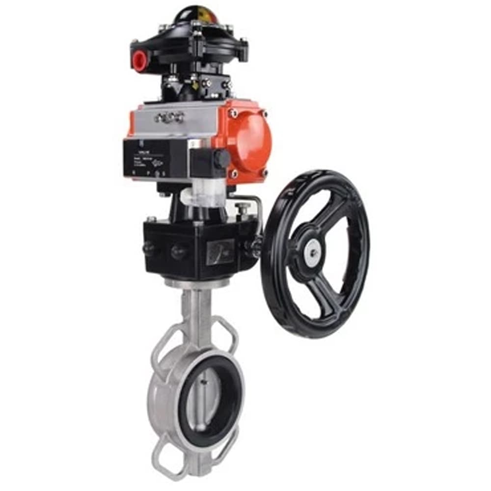 Затвор дисковый поворотный 316L-316L-EPDM Ду250 Ру16, корпус и диск нержавеющая сталь 316L, уплотнение EPDM, пневмопривод DA-140, пневмораспределитель PND1-S2EM-52-2-T08-220VAC, с БКВ LSB-210-02NM12-220/24, ручной дублёр HDM-4