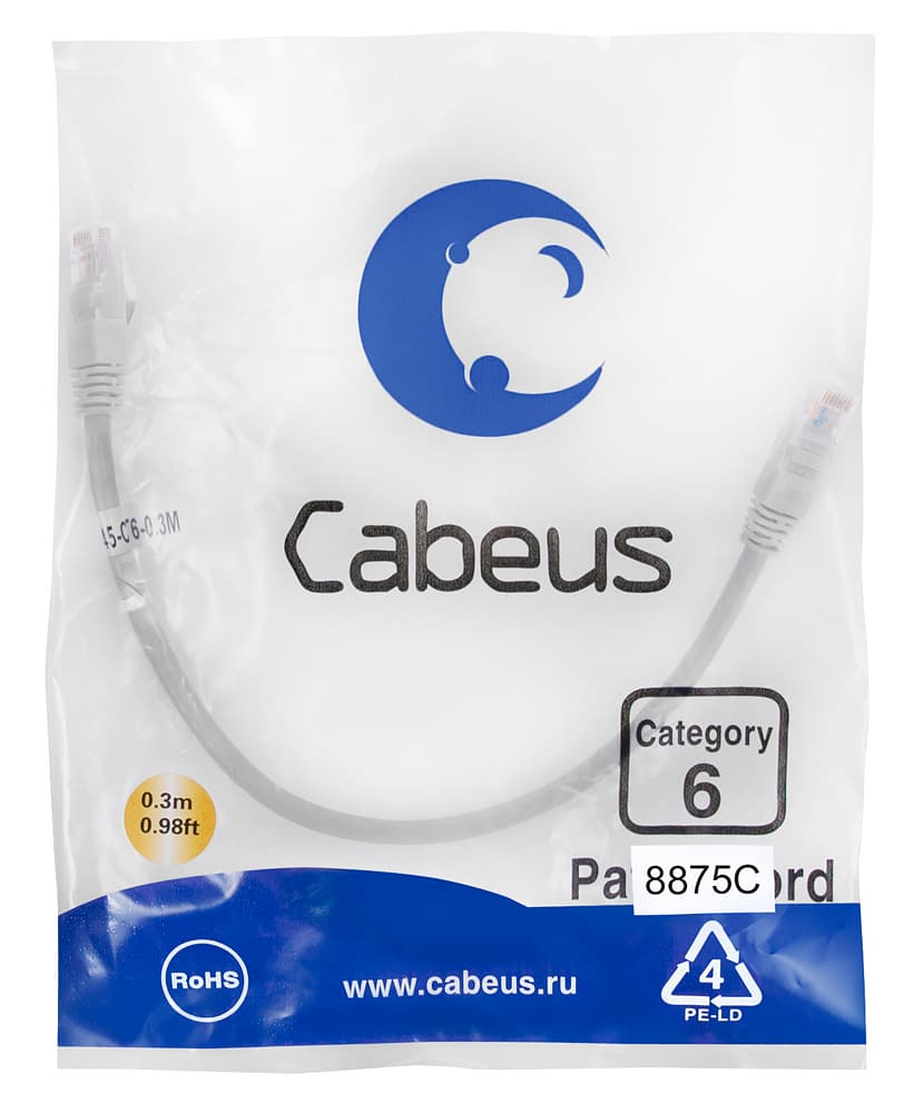 Патч-корд U/UTP, категория 6, 2xRJ45/8p8c, неэкранированный, серый, LSZH, 0.3м