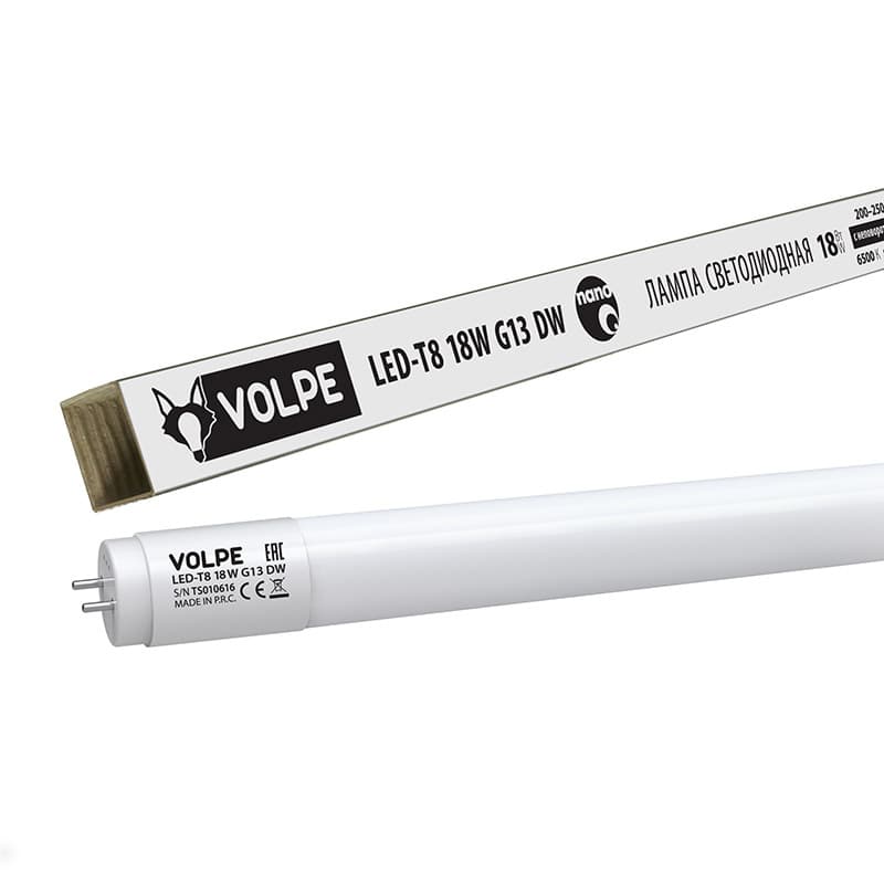 Лампа светодиодная, матовый рассеиватель LED-T8-18W/DW/G13/FR/FIX/N, дневной свет, цоколь G13 неповоротный, ТМ Volpe