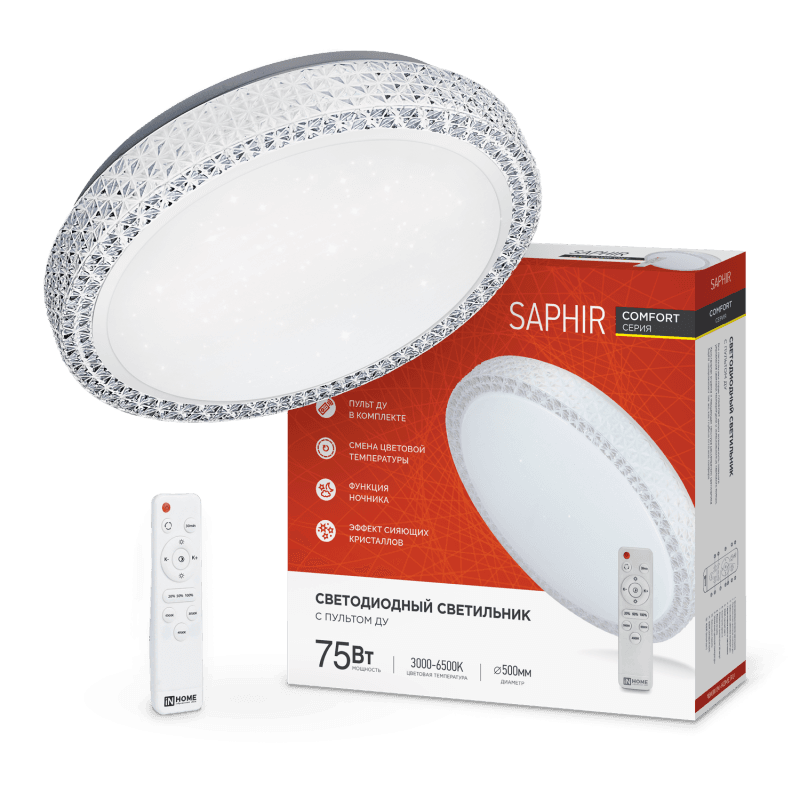 Светильник светодиодный COMFORT SAPHIR 75Вт 230В 3000-6500K 6000Лм 500x115мм с пультом ДУ IN HOME