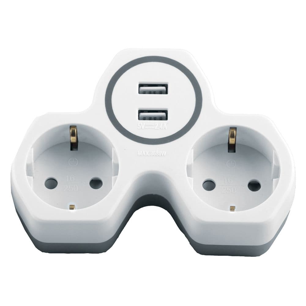 Разветвитель сетевой на 2 выхода + 2 выхода USB, с/з,, белый/серый