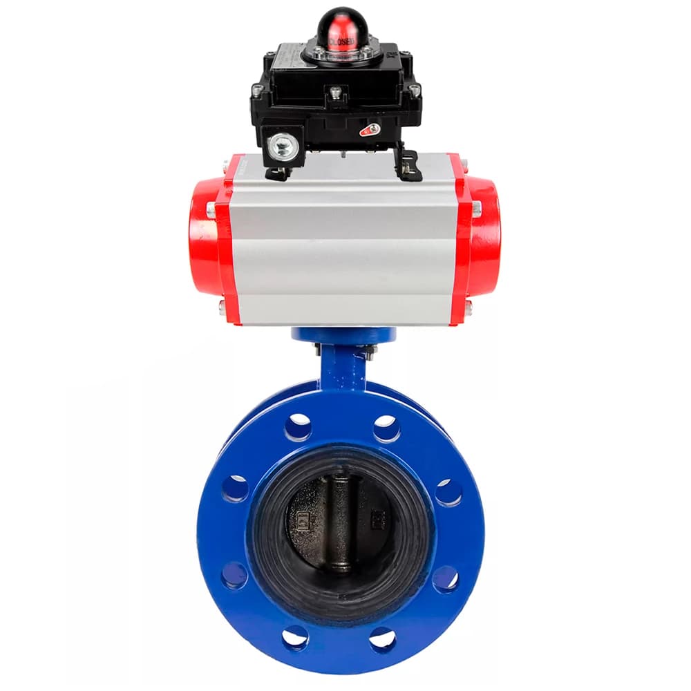 Затвор дисковый поворотный GGG40-304-EPDM-2W-F-H Ду150 Ру16 корпус чугун GGG40, диск нержавеющая сталь 304, уплотнение EPDM, с пневмоприводом SA-160 и БКВ LSB-410-02ExM12-250