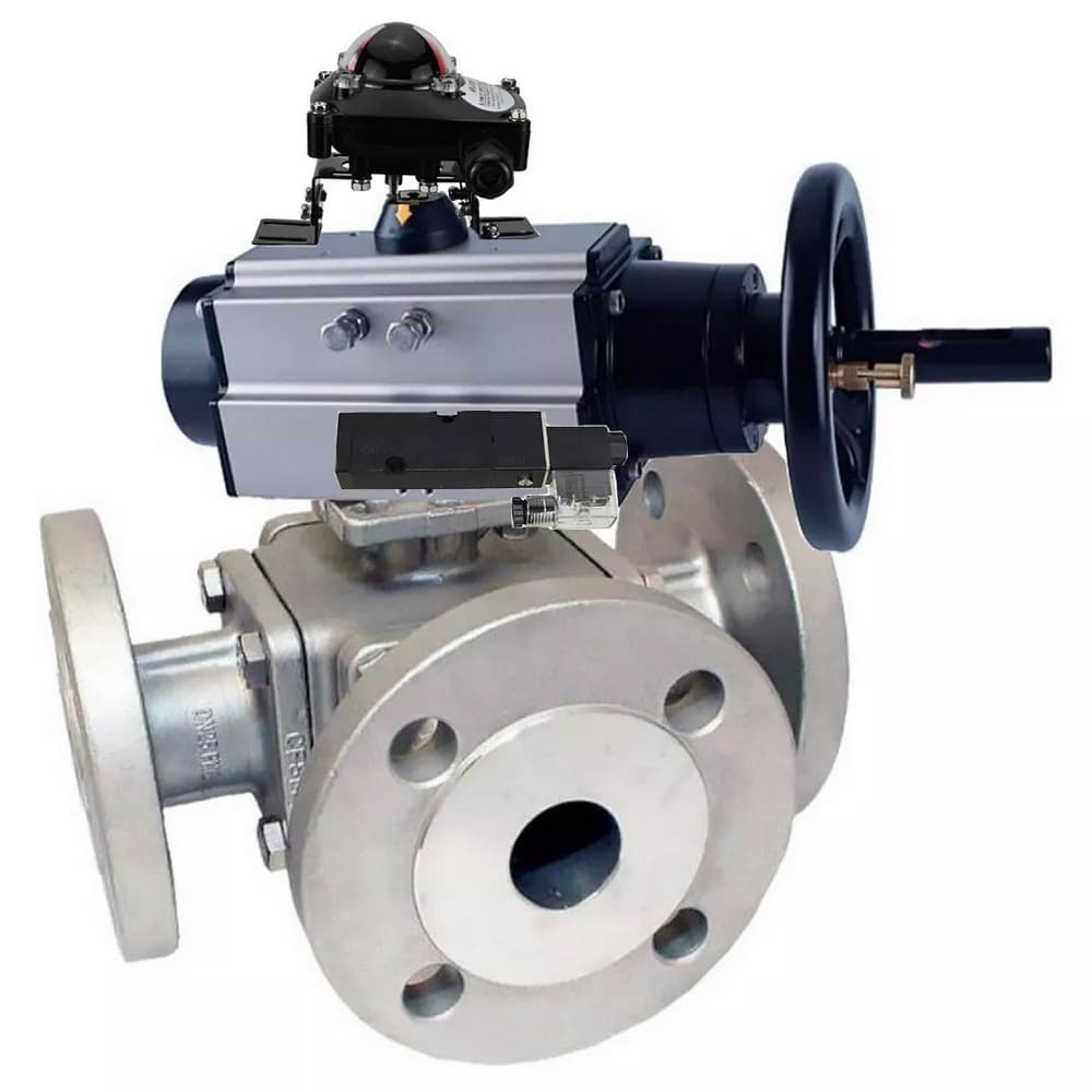 Кран шаровой 316-316-PTFE Ду100 Ру16 полнопроходной, тип L, фланцевый, нержавеющая сталь, ISO-фланец F10/F12, квадрат 22х22, пневмопривод PA-DA-105-1, пневмораспределитель PND1-S2EM-52-2-T08-220VAC 220В, БКВ LSB-410-02ExM12-250