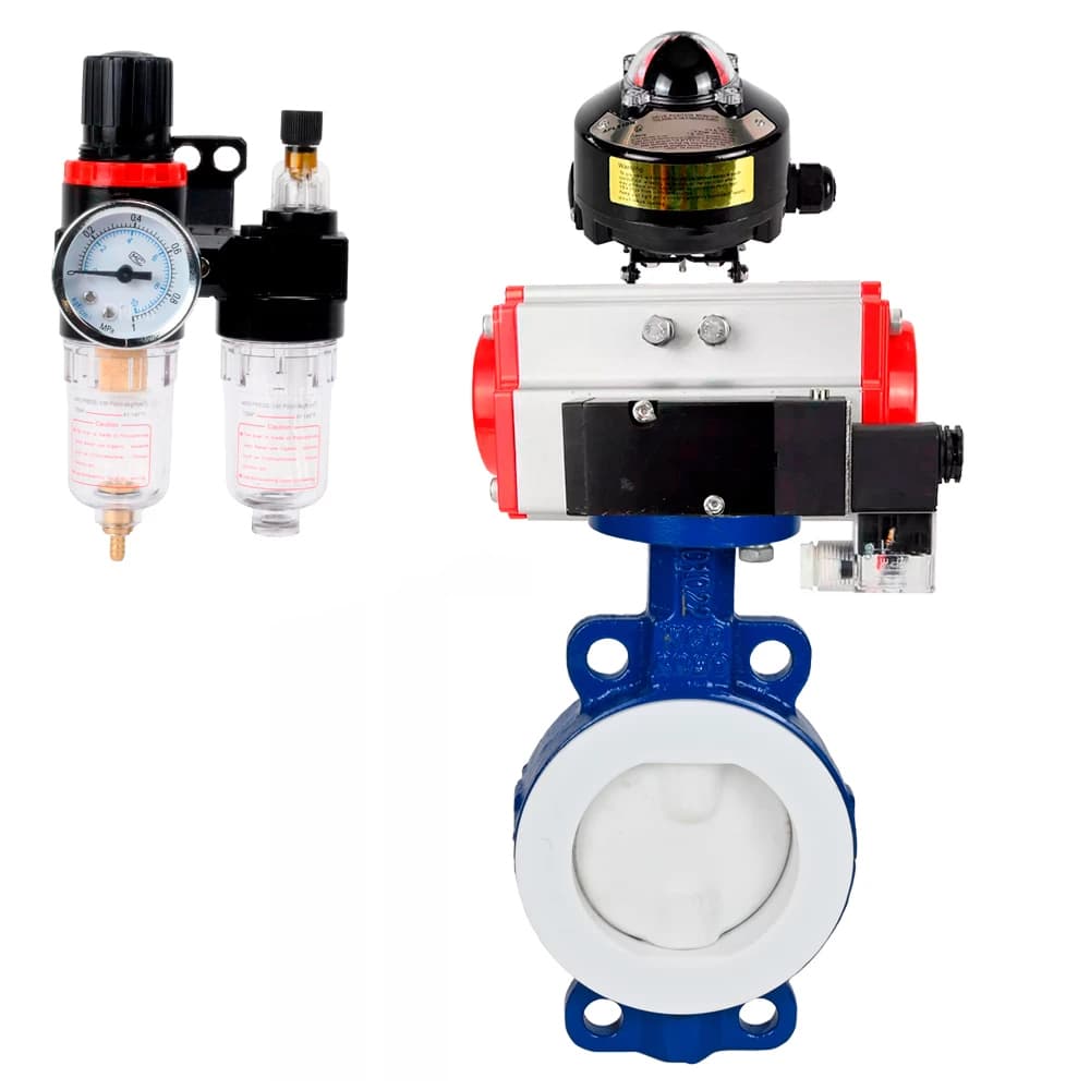 Затвор дисковый WCB-WCB-PTFE-PTFE-Fb-H Ду65 Ру16 корпус и диск углеродистая сталь WCB, футерованный PTFE, уплотнение PTFE, пневмопривод DA-065, пневмораспределителем PND2-S1EM-52-1NC-J08-24VDC, БКВ LSB-510-02ExM12-250 и БПВ APU1-10-40-V08