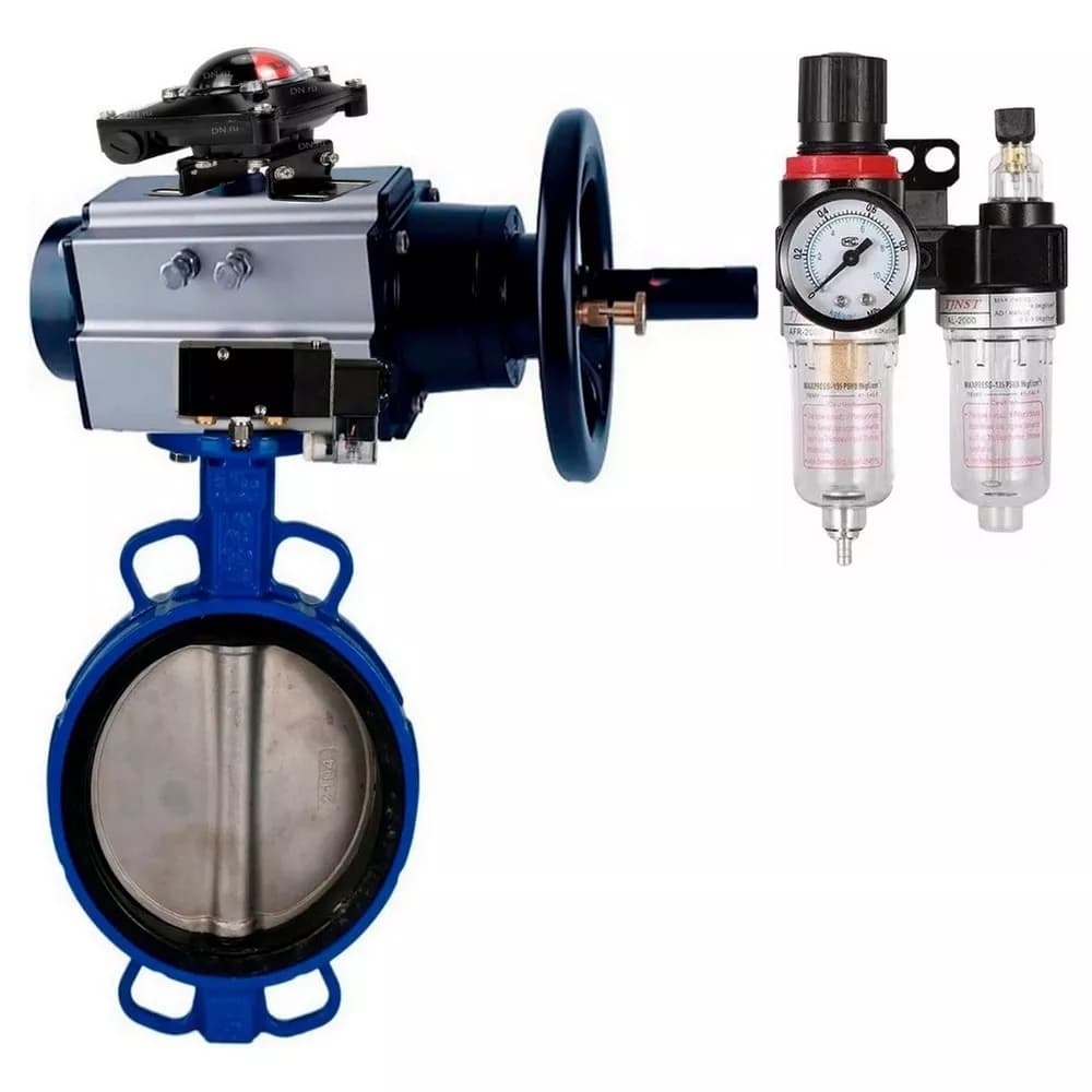 Затвор дисковый поворотный GGG50-316L-EPDM Ду150 Ру16, корпус чугун GGG50, уплотнение EPDM, с пневмоприводом DA-105-1 двойного действия, с пневмораспределителем PND1-S2EM-52-2-T10-220VAC, с БКВ LSB-510-02ExM12-250, с БПВ APU1-10-40-V08