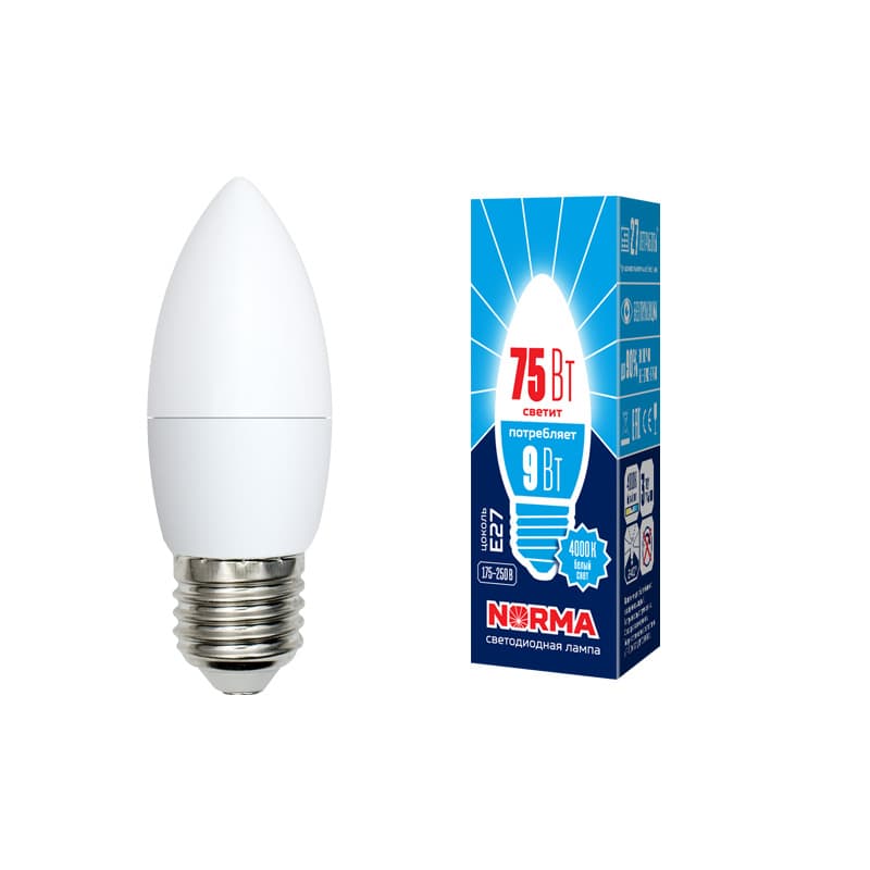 Лампа светодиодная LED-C37-9W/NW/E27/FR/NR Форма свеча, матовая, Norma, белый свет (4000K), картон, ТМ Volpe