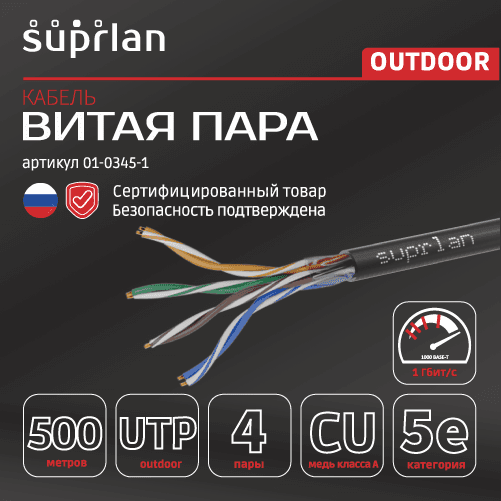 Витая пара Long Ethernet U/UTP кат 5e 4x2x0.64 Cu PE OUT 500м (RUS)