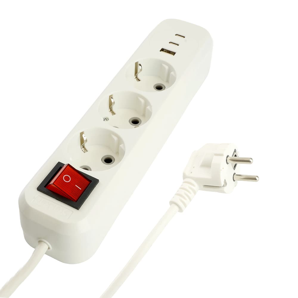 Удлинитель 3-местный с/з с выключателем 3x1 мм 2.3м 250 В 16 А 1 USB+2C 2.4 A белый HM071-31-03