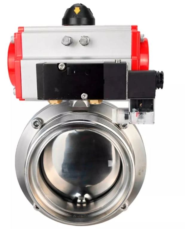 Затвор дисковый поворотный 304-304-Sil-2W-T-H Ду25 Ру10 пищевая нержавеющая сталь 304, уплотнение Silicon, с пневмоприводом DA-065 и пневмораспределителем PND2-S1EM-52-1NC-J08-24VDC
