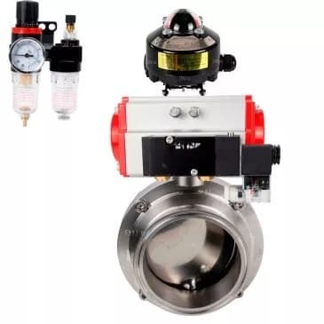 Затвор дисковый поворотный кламповый 304-304-Sil-2W-C-H Ду50 Ру10 корпус пищевая нержавеющая сталь 304, уплотнение Silicon, пневмопривод DA-065, пневмораспределителем PND2-S1EM-52-1NC-J08-220VAC, БКВ LSB-510-02ExM12-250 и БПВ APU1-10-40-V08