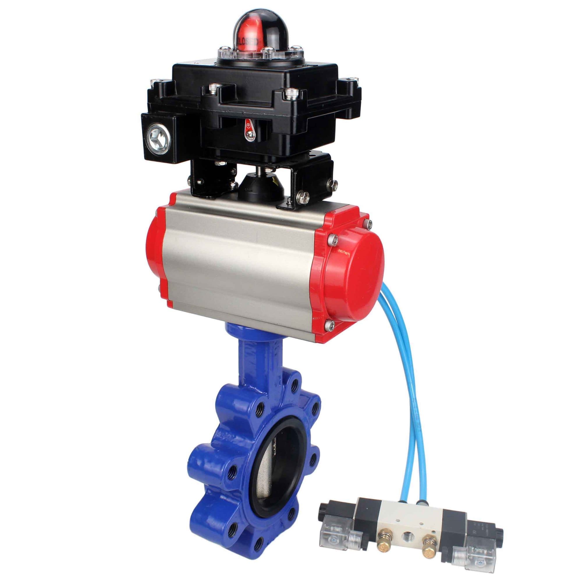Затвор дисковый поворотный QT450-QT450-NBR-2W-Fb-H Ду150 Ру16 корпус чугун QT450, диск чугун QT450, уплотнение NBR, с пневмоприводом DA-105, пневмораспределителем PND1-S2EM-52-2-T10-220VAC и БКВ LSB-410-02ExM12-250