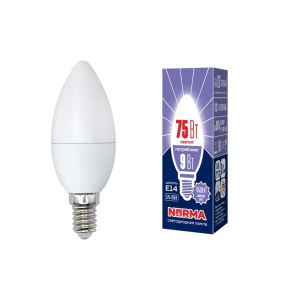 Лампа светодиодная LED-C37-9W/DW/E14/FR/NR Форма свеча, матовая, Norma, дневной белый свет (6500K), картон, ТМ Volpe