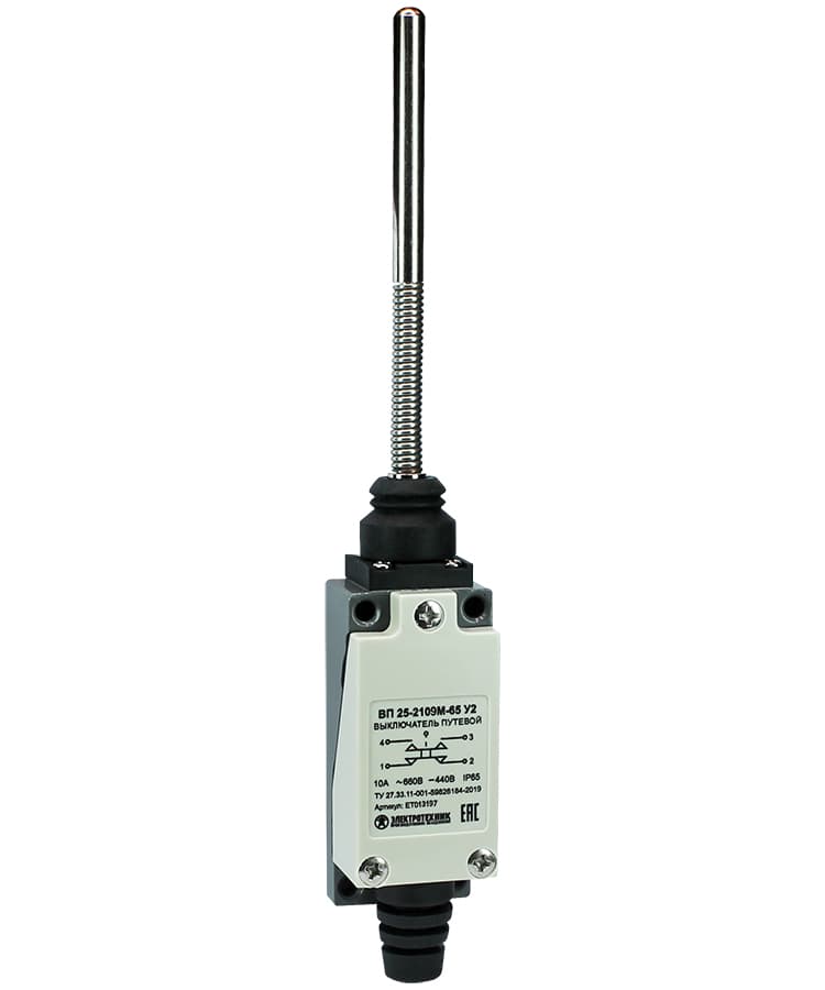Выключатель путевой ВП 25-2109 М-65 У2, рычаг пружинный с металлическим наконечником, 1з+1р, безынерционный, 21х56 мм, 3А, IP65, ЭТ