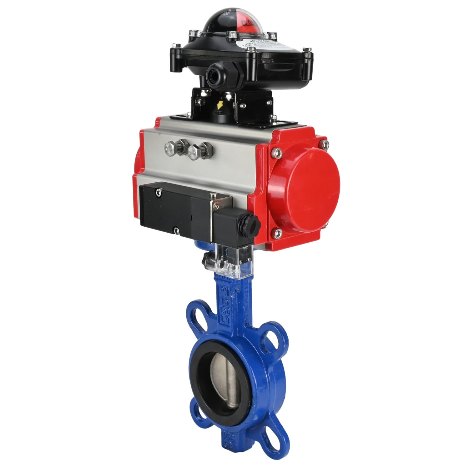 Затвор дисковый поворотный GGG50-316L-EPDM Ду65 Ру16, корпус чугун GGG50, диск нержавеющая сталь 316L, уплотнение EPDM, с пневмоприводом SA-105, с пневмораспределителем PND2-S1EM-52-1NC-J08-24VDC, с БКВ LSB-210-02NM12-220/24