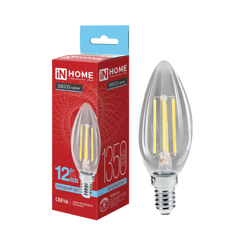Лампа светодиодная LED-СВЕЧА-deco 12Вт 230В Е14 6500К 1350Лм прозрачная IN HOME