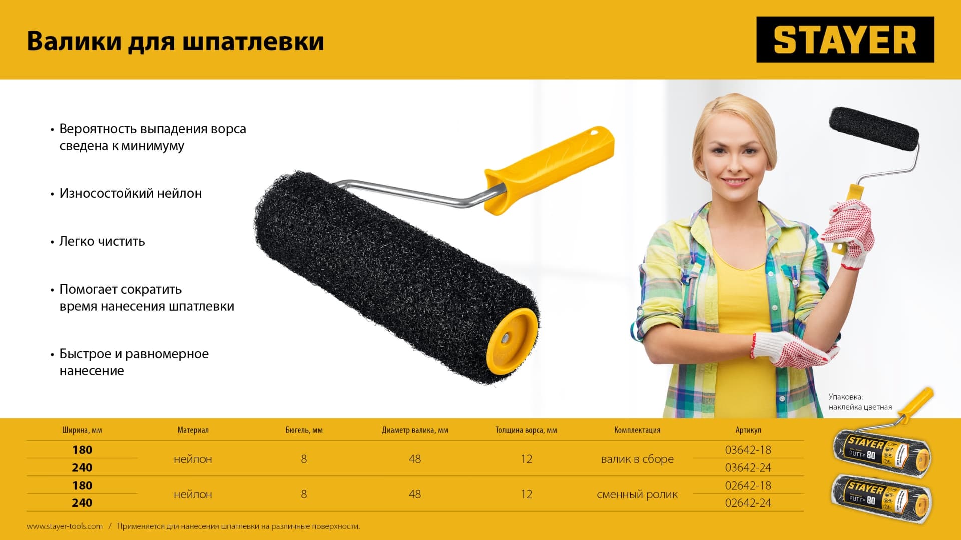 Валик для шпатлевки, 80 мм, 180 мм, 8 мм ручка, PROFESSIONAL