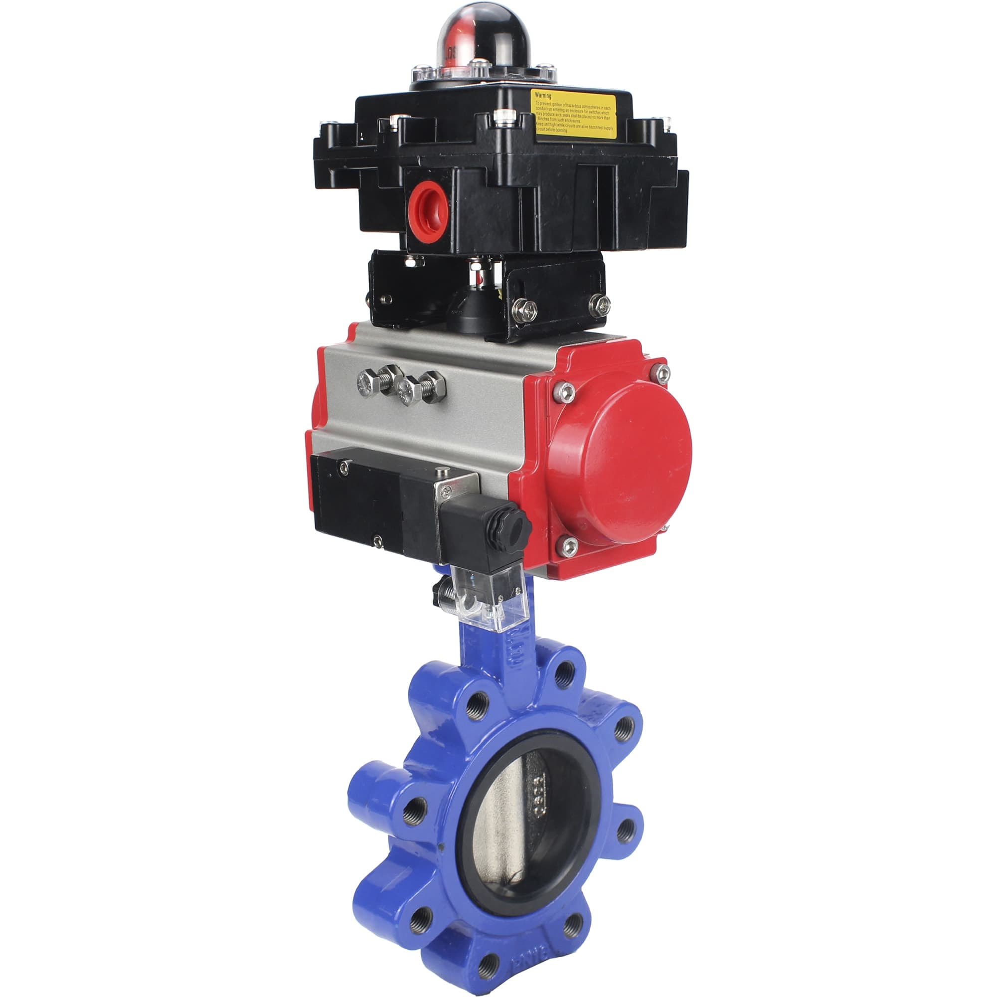Затвор дисковый поворотный QT450-QT450-EPDM-2W-Fb-H Ду80 Ру16 корпус и диск чугун QT450, уплотнение EPDM, пневмопривод SA-105, пневмораспределитель PND2-S1EM-52-1NC-J08-220VAC и БКВ LSB-410-02ExM12-250