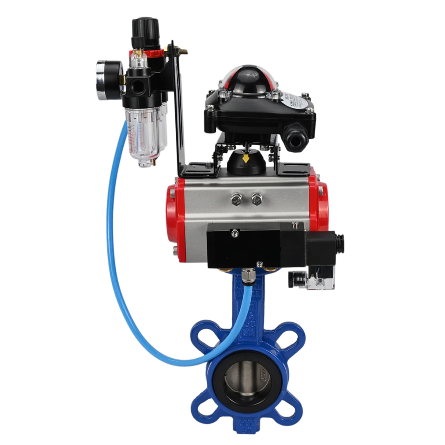 Затвор дисковый поворотный GGG50-316L-EPDM Ду200 Ру16, корпус чугун GGG50, диск нержавеющая сталь 316L, уплотнение EPDM, пневмопривод SA-160, пневмораспределитель PND2-S1EM-52-1NC-J08-24VDC, с БКВ LSB-210-02NM12-220/24, с БПВ APU1-10-40-V08