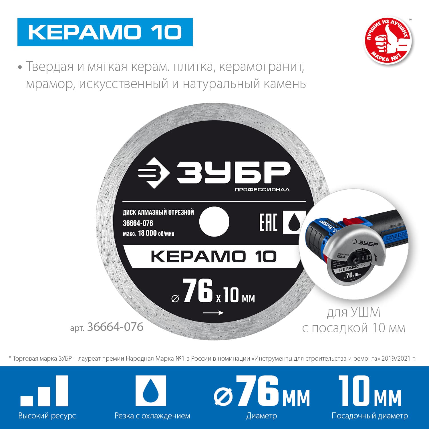 Диск алмазный отрезной сплошной КЕРАМО-10 76 мм, Профессионал