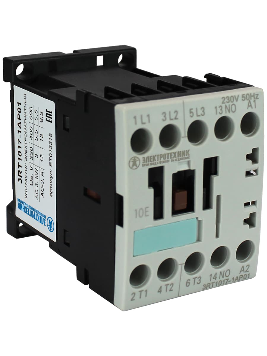 Контактор электромагнитный 3RT1017-1AP01, 3-пол., 12A, AC-3, 5,5кВт/400V, 1НO, 230V AC, 50Гц, типоразмер S00, винтовые клеммы, IP20
