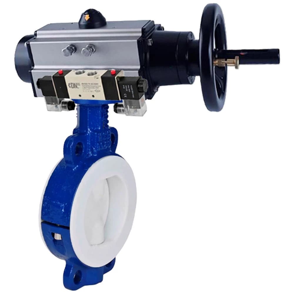 Затвор дисковый поворотный WCB-WCB-PTFE-PTFE-Fb-H Ду100 Ру16, корпус углеродистая сталь WCB, диск углеродистая сталь WCB, футерованный PTFE, уплотнение PTFE, с пневмоприводом DA-105-1, с пневмораспределителем PND1-S2EM-52-2-T10-220VAC