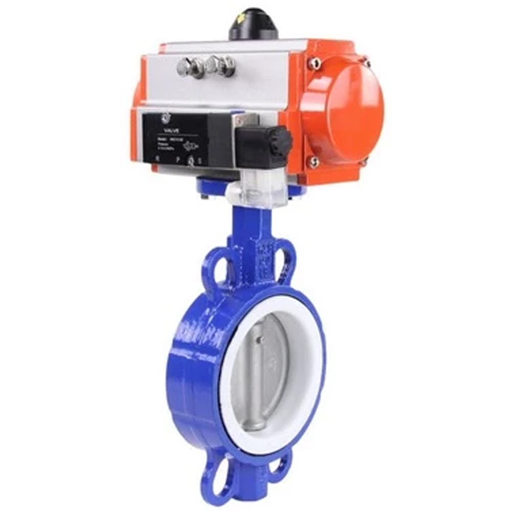 Затвор дисковый поворотный WCB-316L-PTFE Ду150 Ру16, корпус углеродистая сталь WCB, диск нержавеющая сталь 316L, уплотнение PTFE, с пневмоприводом DA-130 двойного действия, с пневмораспределителем PND1-S2EM-52-2-T10-220VAC