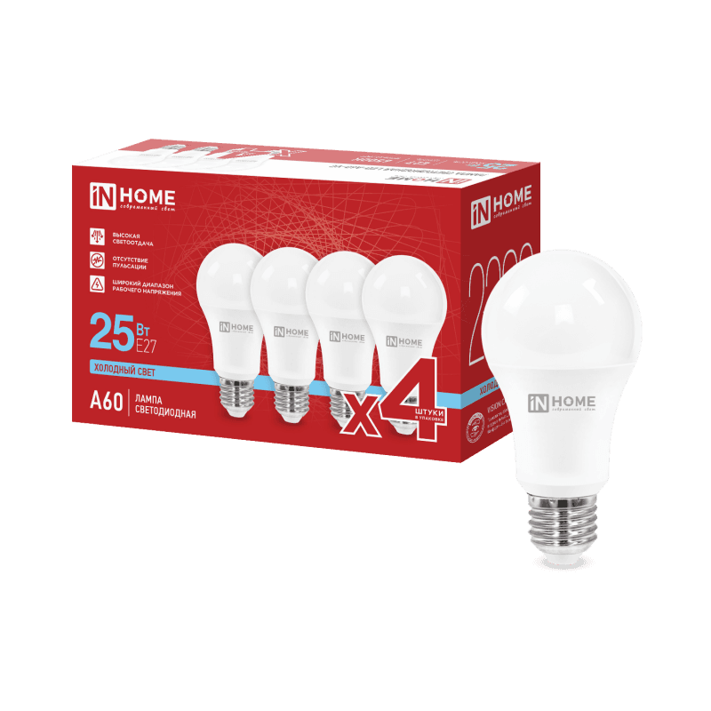 Лампа светодиодная LED-A60-VC 4PACK 25Вт 230В Е27 6500К 2380Лм (4шт./упак) IN HOME