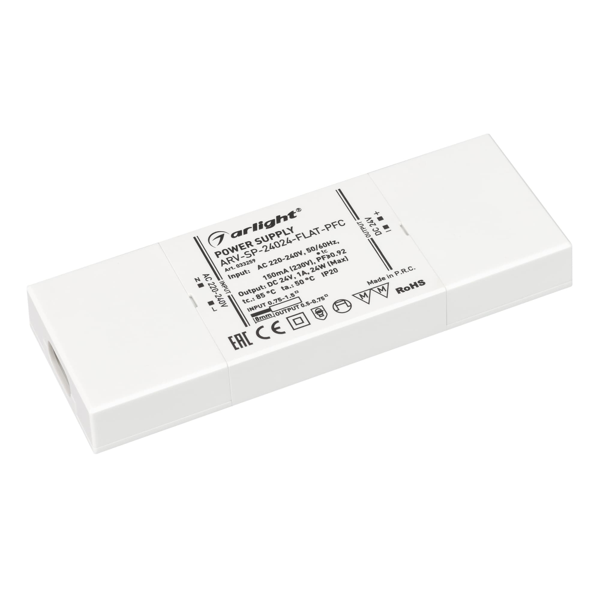 Блок питания ARV-SP-24024-FLAT-PFC (24V, 1A, 24W) ( IP20 Пластик, 5 лет)