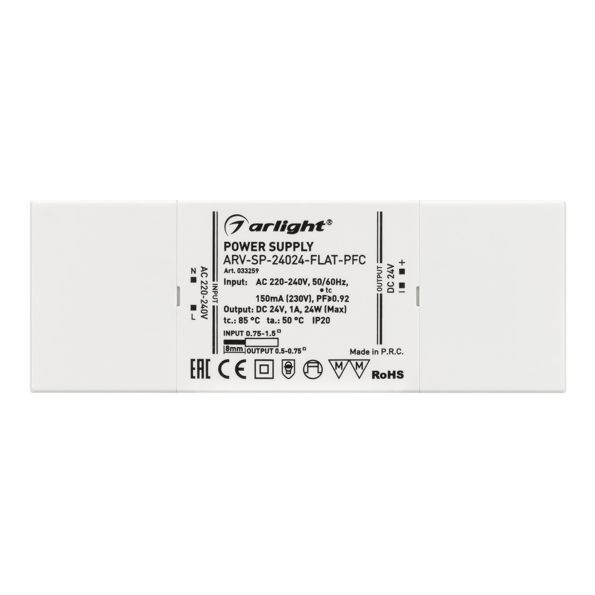 Блок питания ARV-SP-24024-FLAT-PFC (24V, 1A, 24W) ( IP20 Пластик, 5 лет)