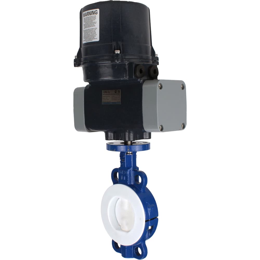 Затвор дисковый поворотный WCB-WCB-PTFE-PTFE-Fb-H Ду80 Ру16 корпус углеродистая сталь WCB, диск углеродистая сталь WCB, футерованный PTFE, уплотнение PTFE, с электроприводом (сервоприводом) ЭПВП-007 220В с пружинным возвратом