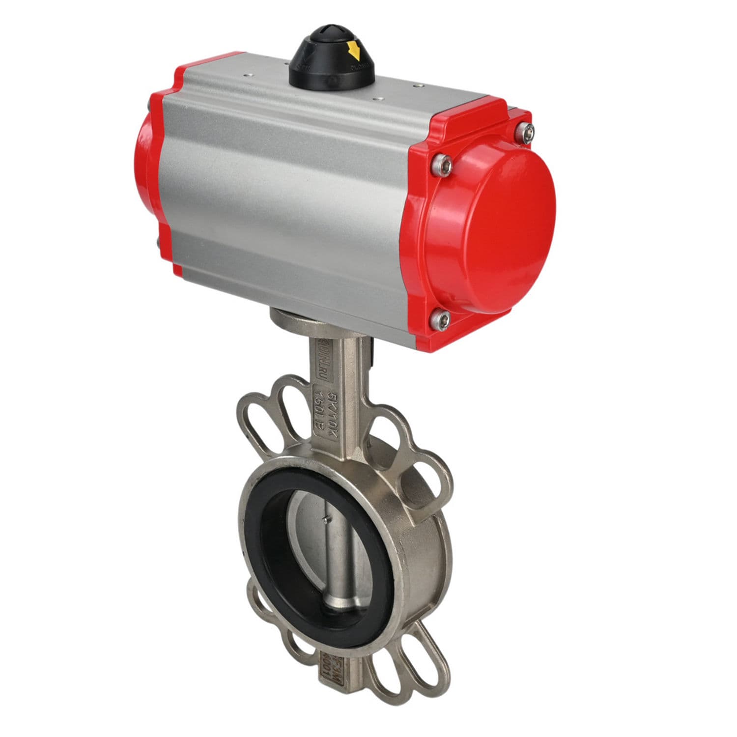 Затвор дисковый поворотный 316L-316L-PTFE Ду50 Ру16, корпус и диск нержавеющая сталь 316L, уплотнение PTFE, с пневмоприводом DA-083 и пневмораспределителем PND2-S1EM-52-1NC-J08-220VAC