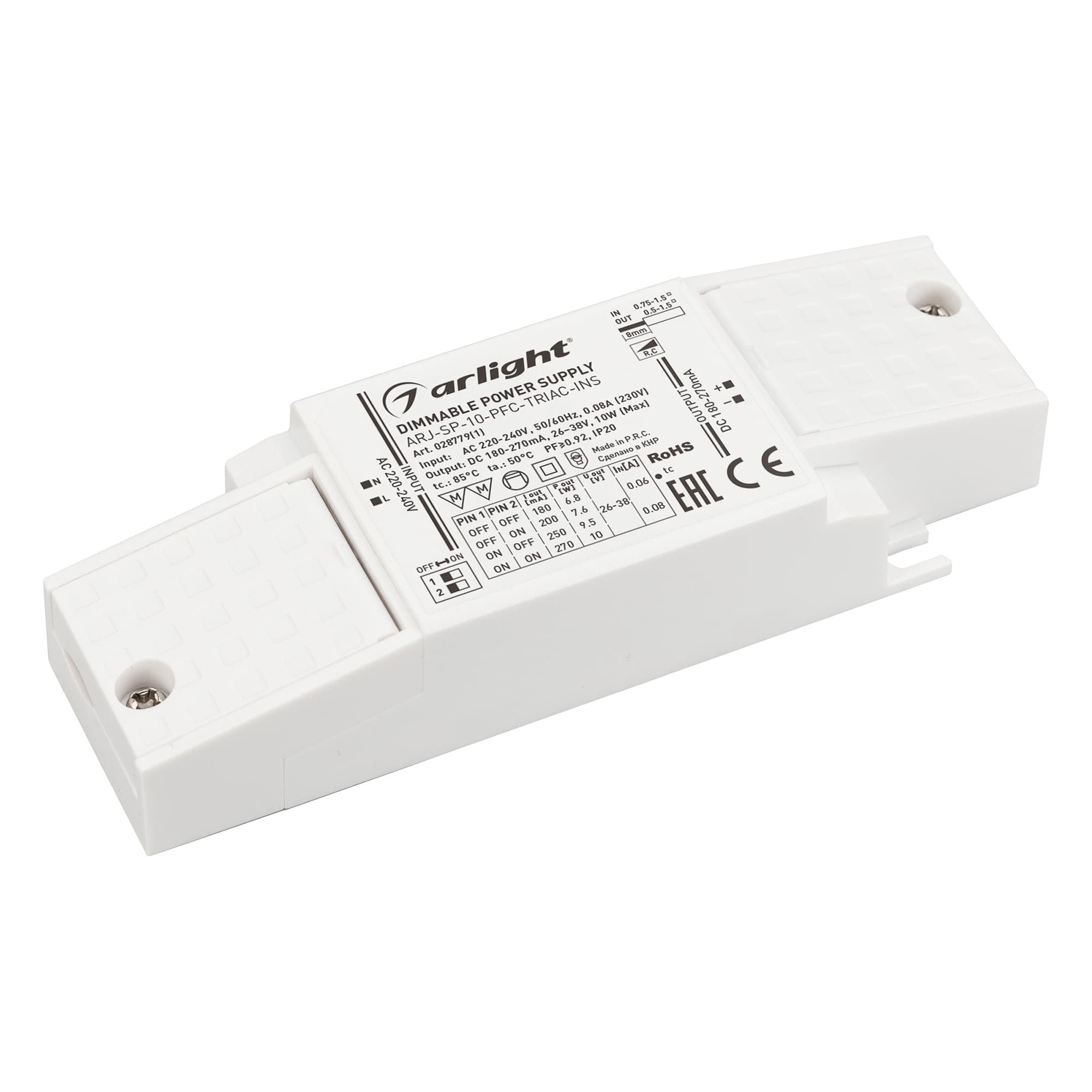 Блок питания ARJ-SP-10-PFC-TRIAC-INS (10W, 26-38V, 0.18-0.27A) ( IP20 Пластик, 5 лет)